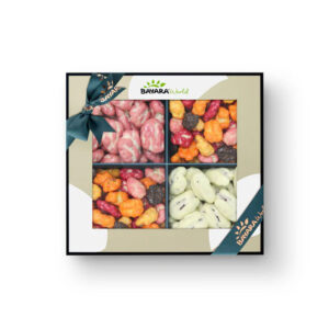 An elegant 4-section gift box of Bayara colorful chocolate-coated pecans and nuts with a teal ribbon.