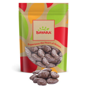 A 250g colorful pouch of Bayara Pecans Milk Chocolate Coated showing whole chocolate-covered nuts through a window.