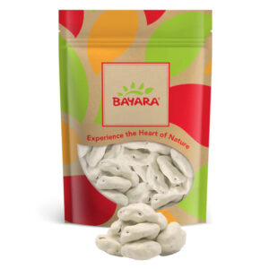 A 250g colorful resealable pouch of Bayara Pecans White Chocolate Coated showing white glazed nuts through a window.