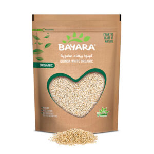 A 300g brown resealable pouch of Bayara Organic White Quinoa showing the grains through a heart-shaped window.