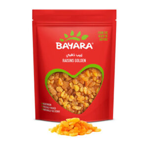 A 250g red pouch of Bayara Golden Raisins showing bright, seedless dried grapes through a heart-shaped window.