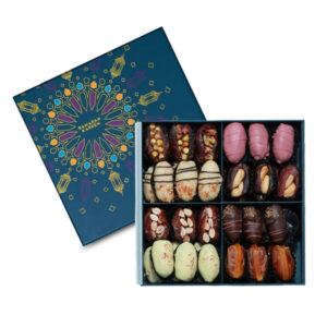 A large teal Bayara Ramadan Gift Box featuring a 4-section assortment of stuffed and chocolate-coated dates.