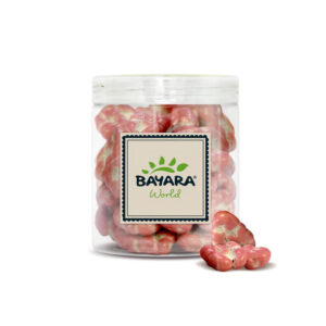 A 300g clear jar of Bayara Raspberry Chocolate Coated Pecans showing vibrant pink chocolate-coated treats.