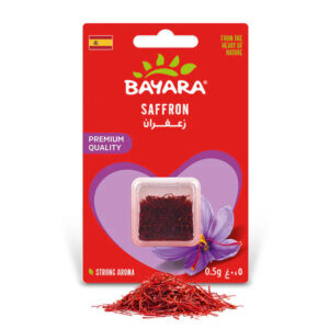 A 0.5g red blister pack of Bayara Saffron showing dark red filaments and a purple saffron flower.