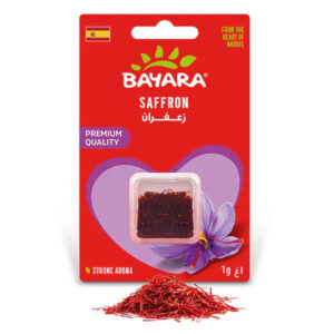A 1g red blister pack of Bayara Saffron showing high-quality red threads and a Spanish flag.