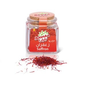 A 1g decorative glass jar of Bayara Saffron with a cork lid and high-quality red saffron filaments displayed