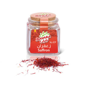 A 3g square glass jar of Bayara Saffron with a cork stopper and a red label showing saffron threads.