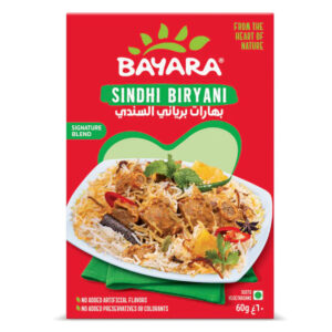 A 60g red box of Bayara Sindhi Biryani Masala showing a plate of delicious garnished biryani rice.