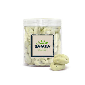A 300g jar of Bayara White Chocolate Coated Pecans with two creamy white pecans sitting in front.