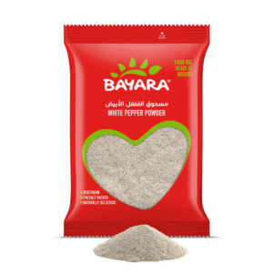 A 200g red pouch of Bayara White Pepper Powder showing a heart-shaped window with finely ground white pepper.