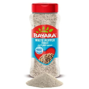 A large 330ml shaker bottle of Bayara White Pepper Powder with a red cap and a blue label showing white peppercorns.