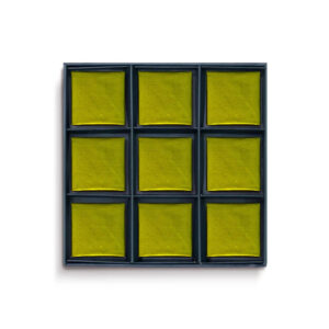 A top-down view of a Bayara Chocolate-Kunafa Pistachio Box 9-piece gift box containing square chocolates wrapped in vibrant lime-green foil.