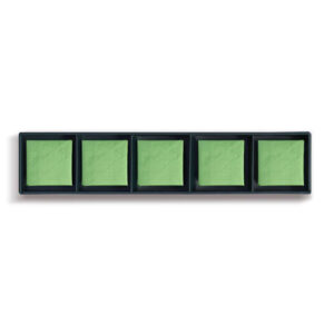 A sleek black tray containing five individually green-foil-Wrapped Milk-Chocolate Pistachio-Cream