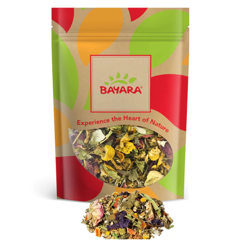 Zuhourat Mix Premium 100g A 100g colorful resealable pouch of Bayara Zuhourat Mix Premium showing dried flowers and herbs through a window.
